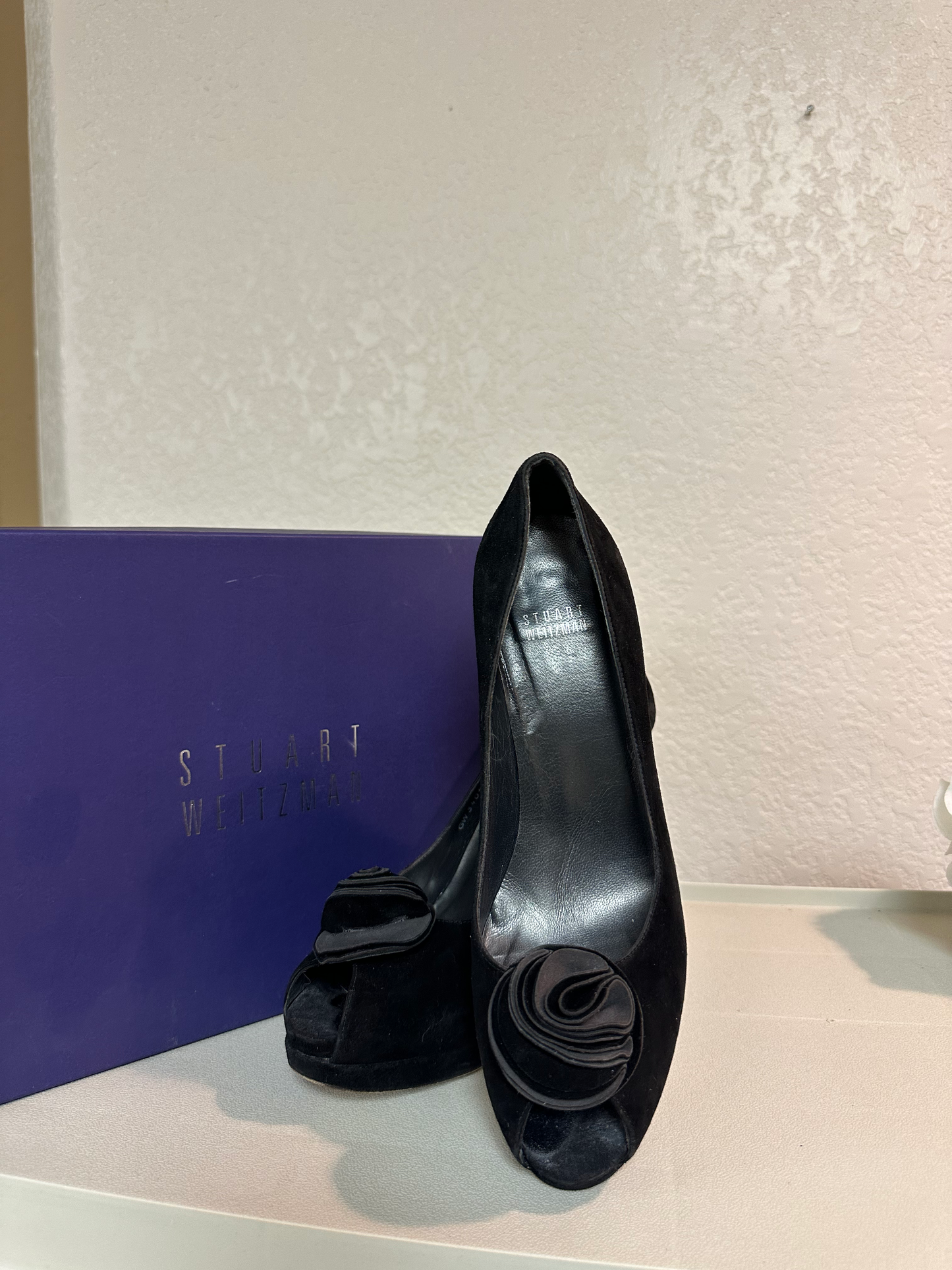 Stuart Weitzman Black Suede Peep Toe Pump