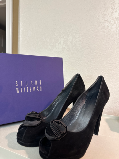 Stuart Weitzman Black Suede Peep Toe Pump