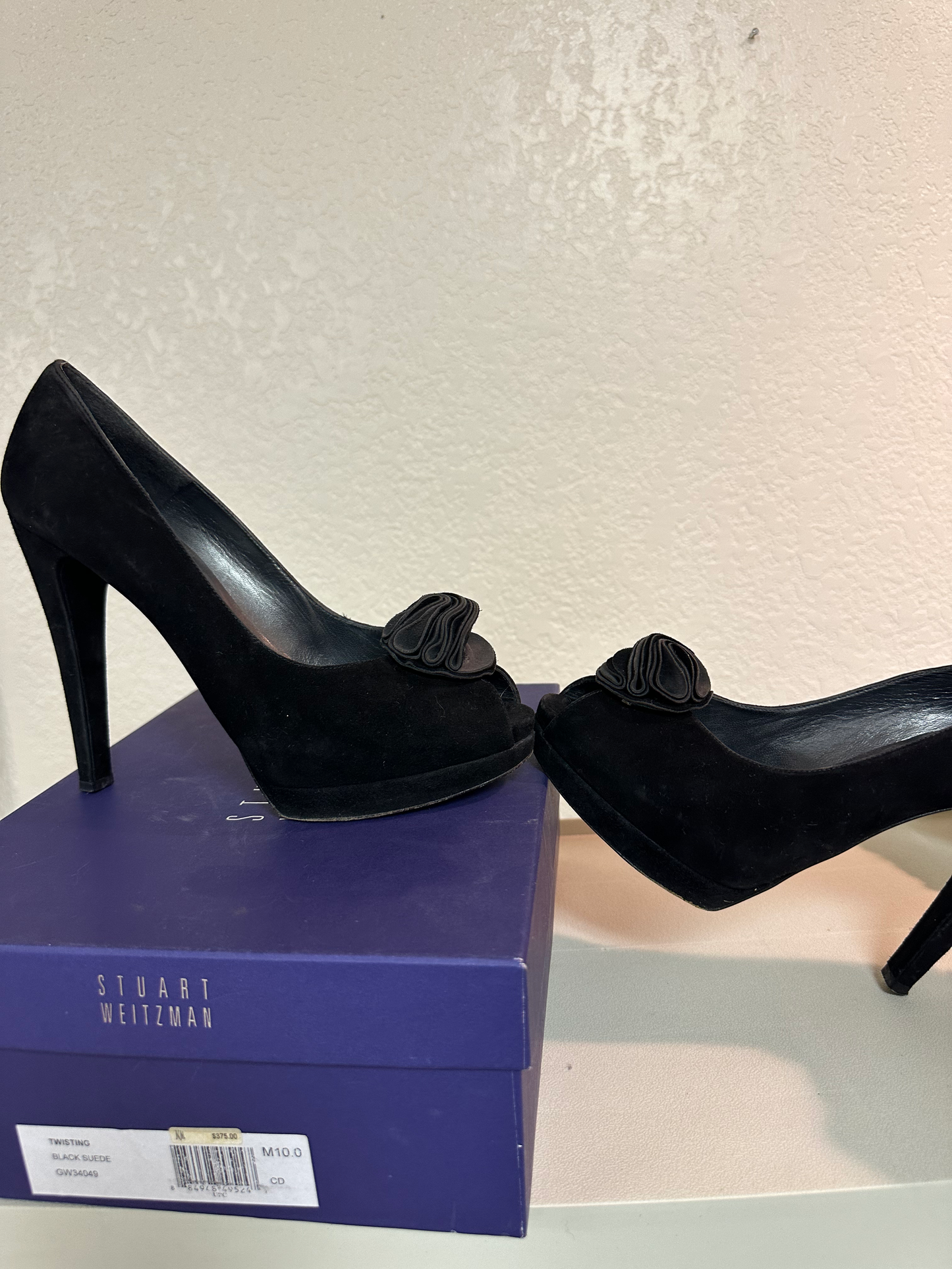 Stuart Weitzman Black Suede Peep Toe Pump