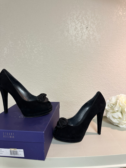 Stuart Weitzman Black Suede Peep Toe Pump