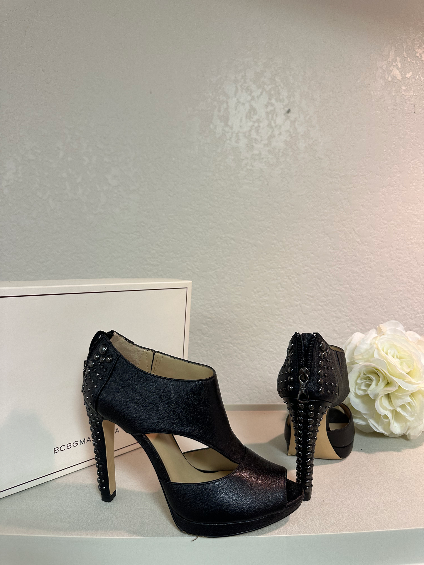BCBG MAX AZRIA Black Leather Studded Heel