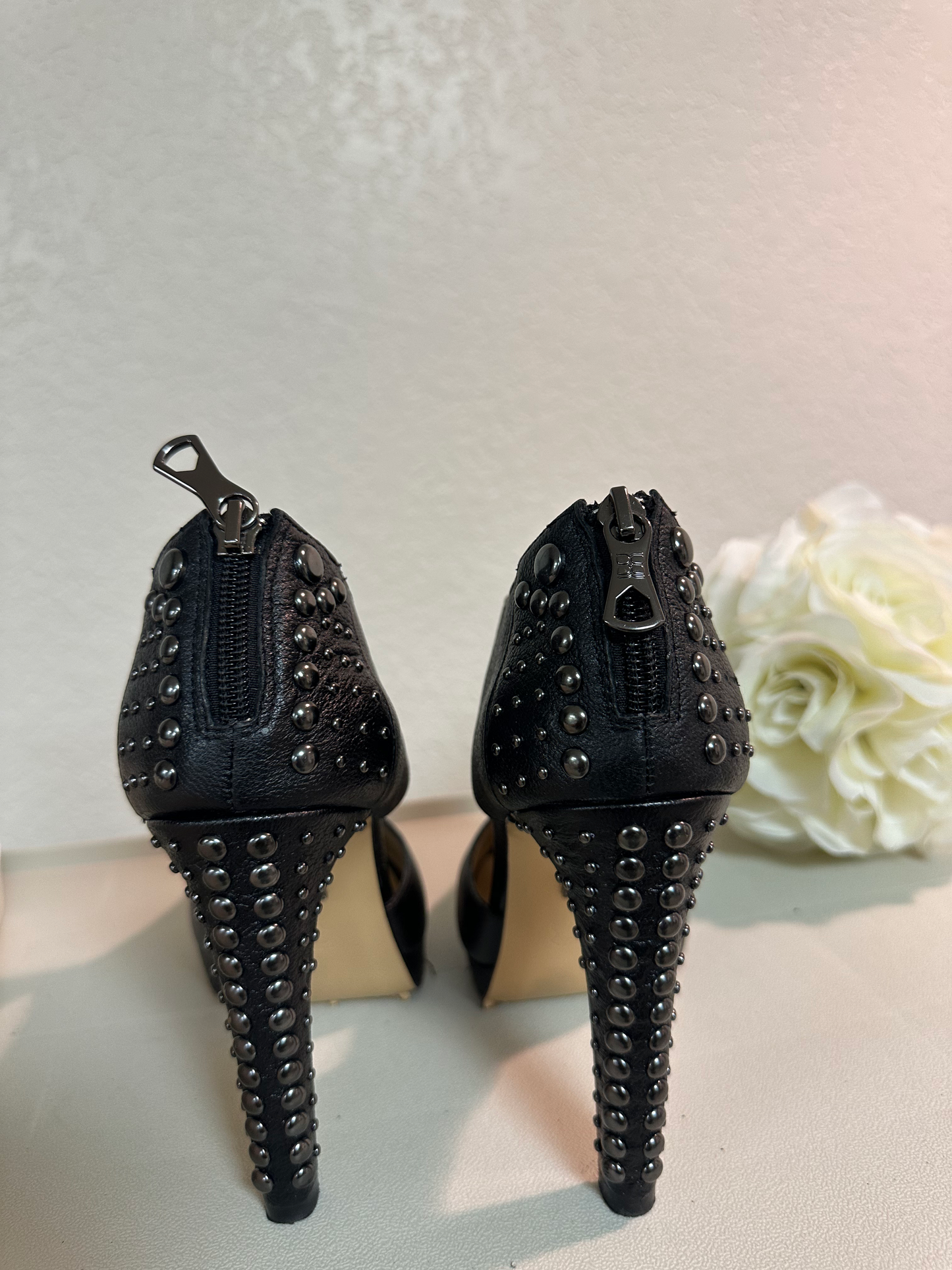BCBG MAX AZRIA Black Leather Studded Heel